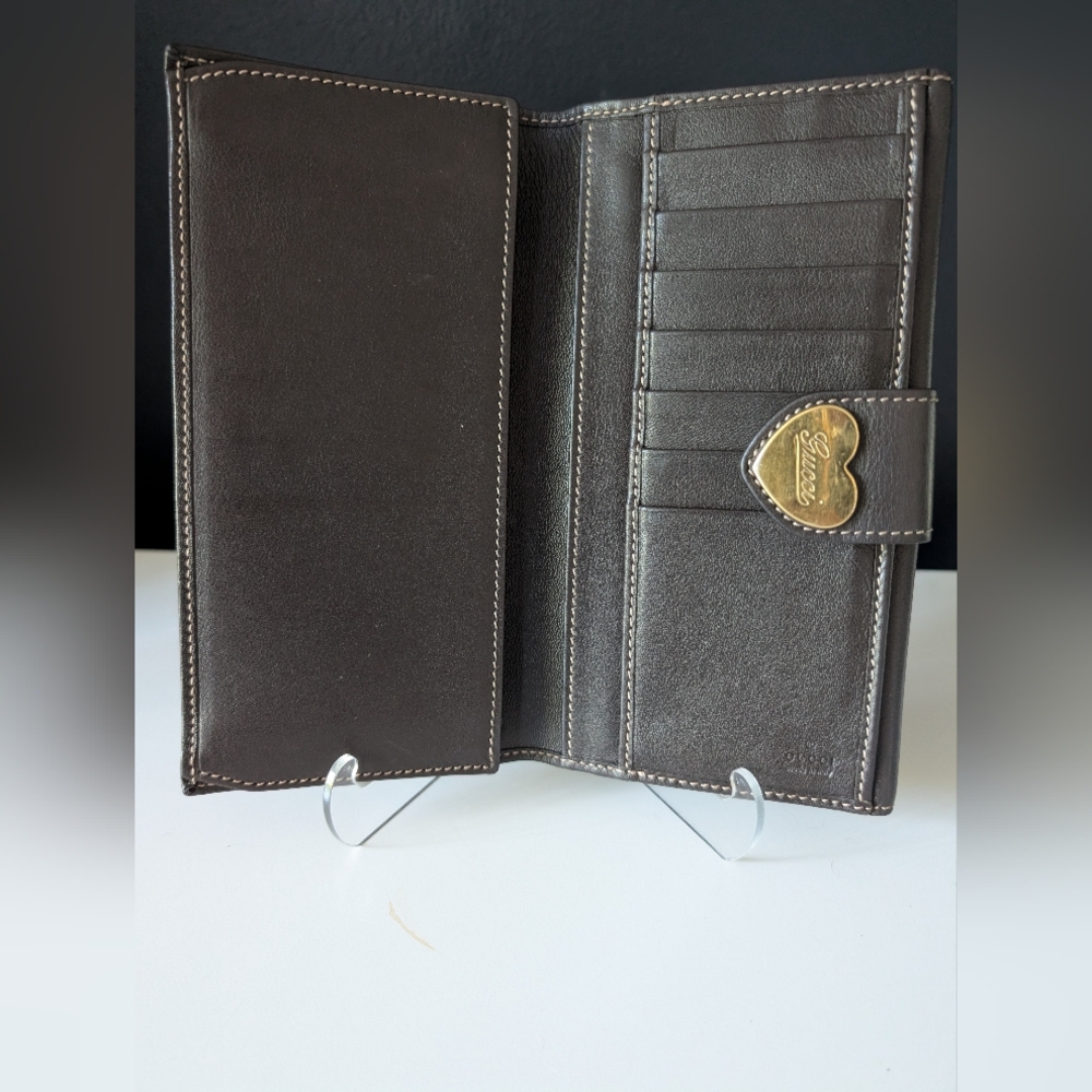 Gucci GG Vintage Brown Monogram Long Wallet with Gold Heart Snap - Picture 8 of 12
